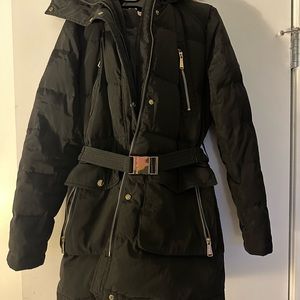 MICHAEL Michael Kors Black Puffer Coat with Hood and Belt